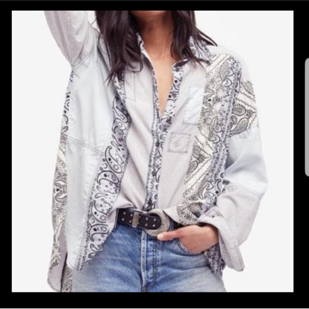 Free People All Patched Up Button Down Shirt M